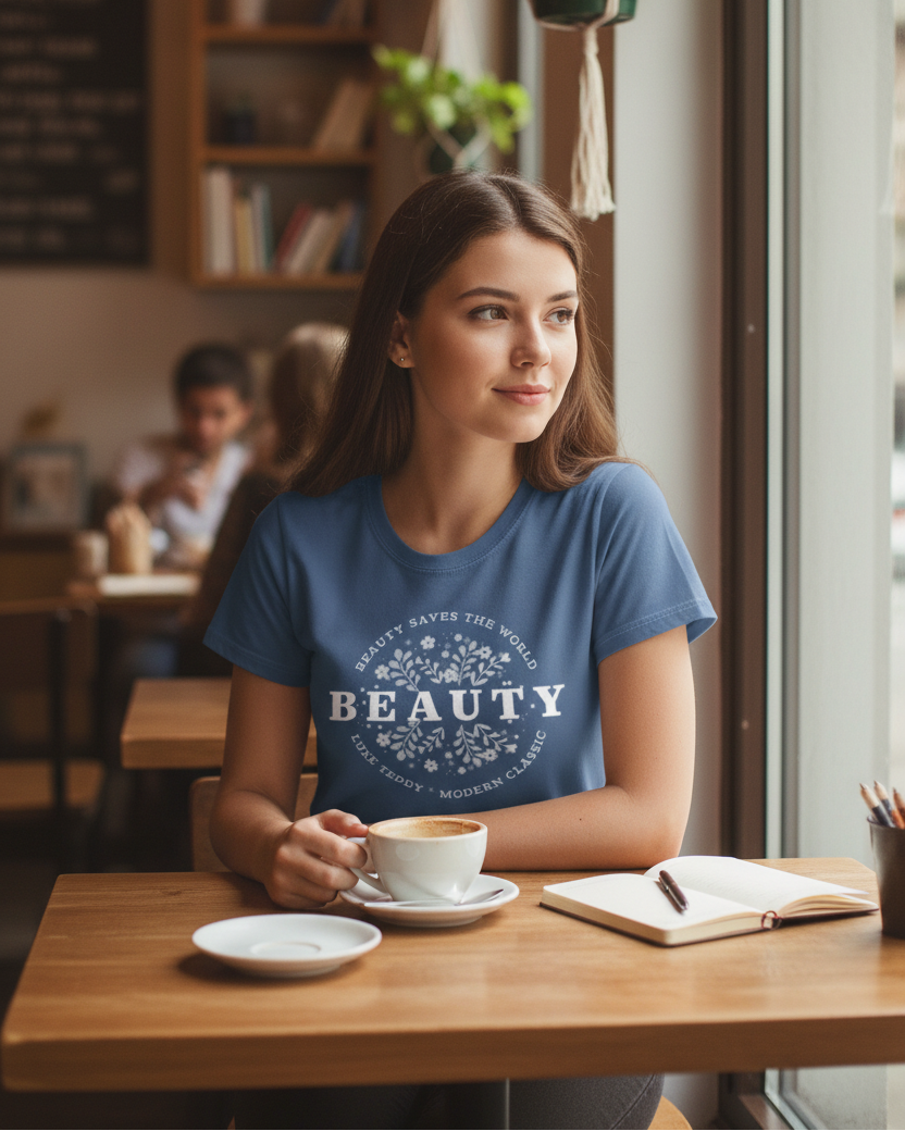 Two-Tone Navy Women’s Crew Neck Tee 'Beauty Saves the World'