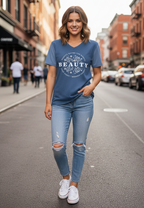 Two-Tone Navy Women’s Crew Neck Tee 'Beauty Saves the World'