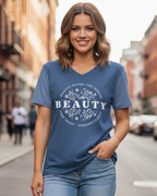 Two-Tone Navy Women’s Crew Neck Tee 'Beauty Saves the World'