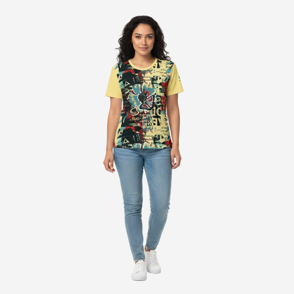 Back To The '60s Abstract Floral Women’s Crew Neck T-Shirt | Yellow