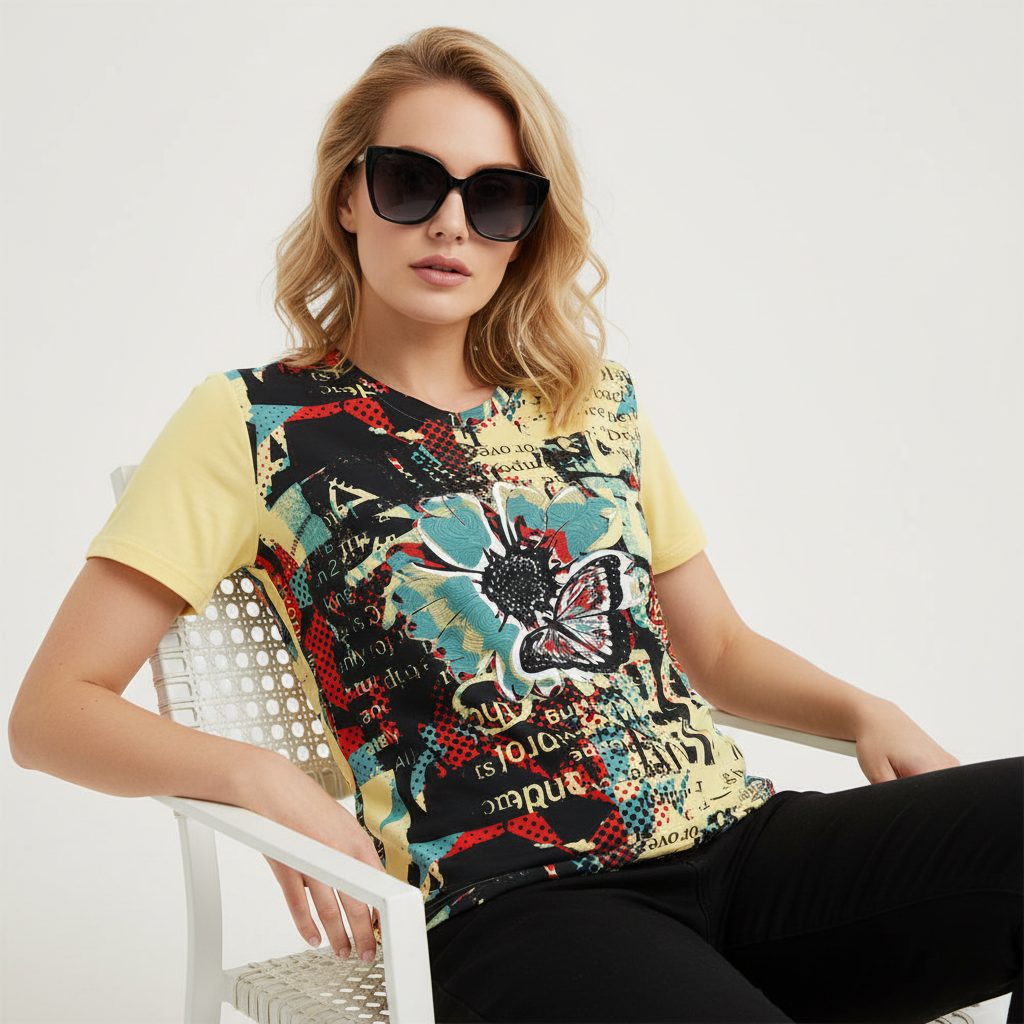 Back To The '60s Abstract Floral Women’s Crew Neck T-Shirt | Yellow