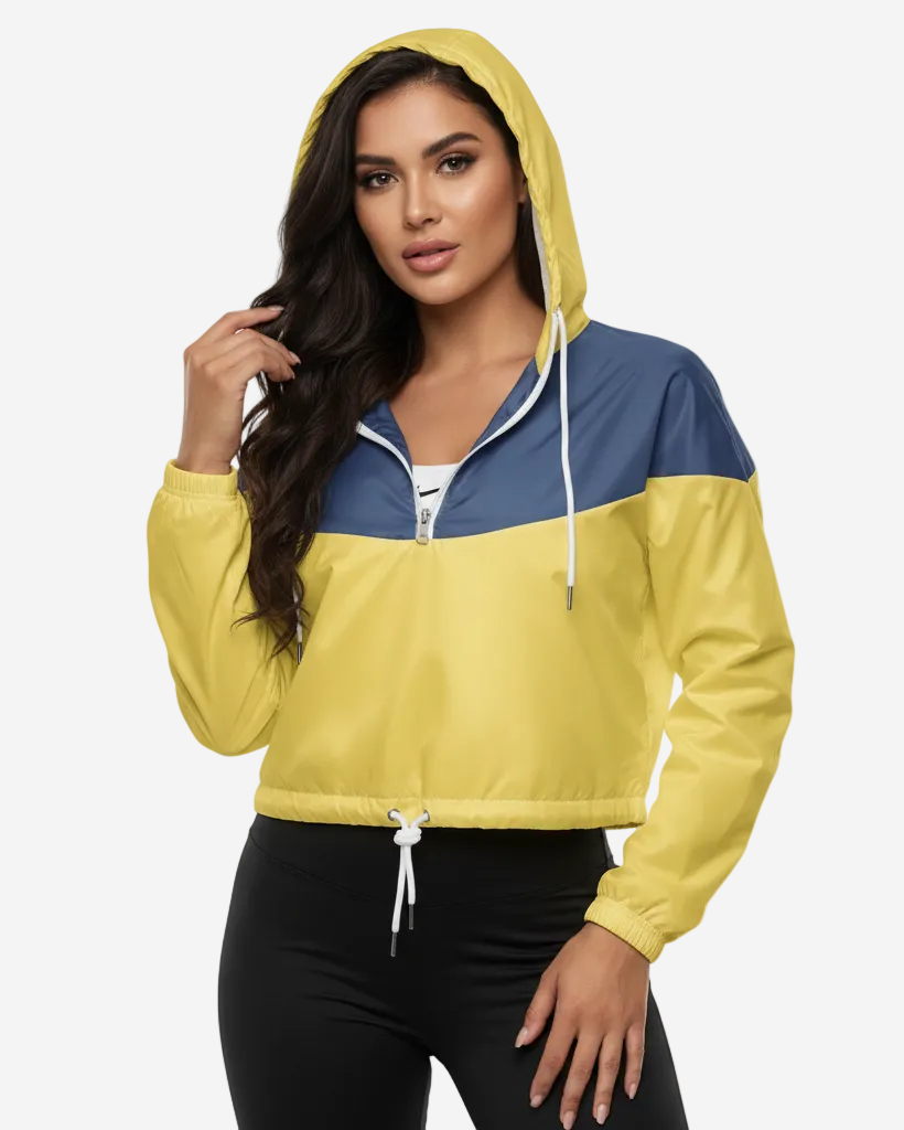 Lightweight Cropped Hooded Windbreaker | Yellow & Dusty Blue
