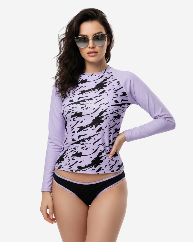 Camelia Long Sleeve Rash Guard in Purple with Black
