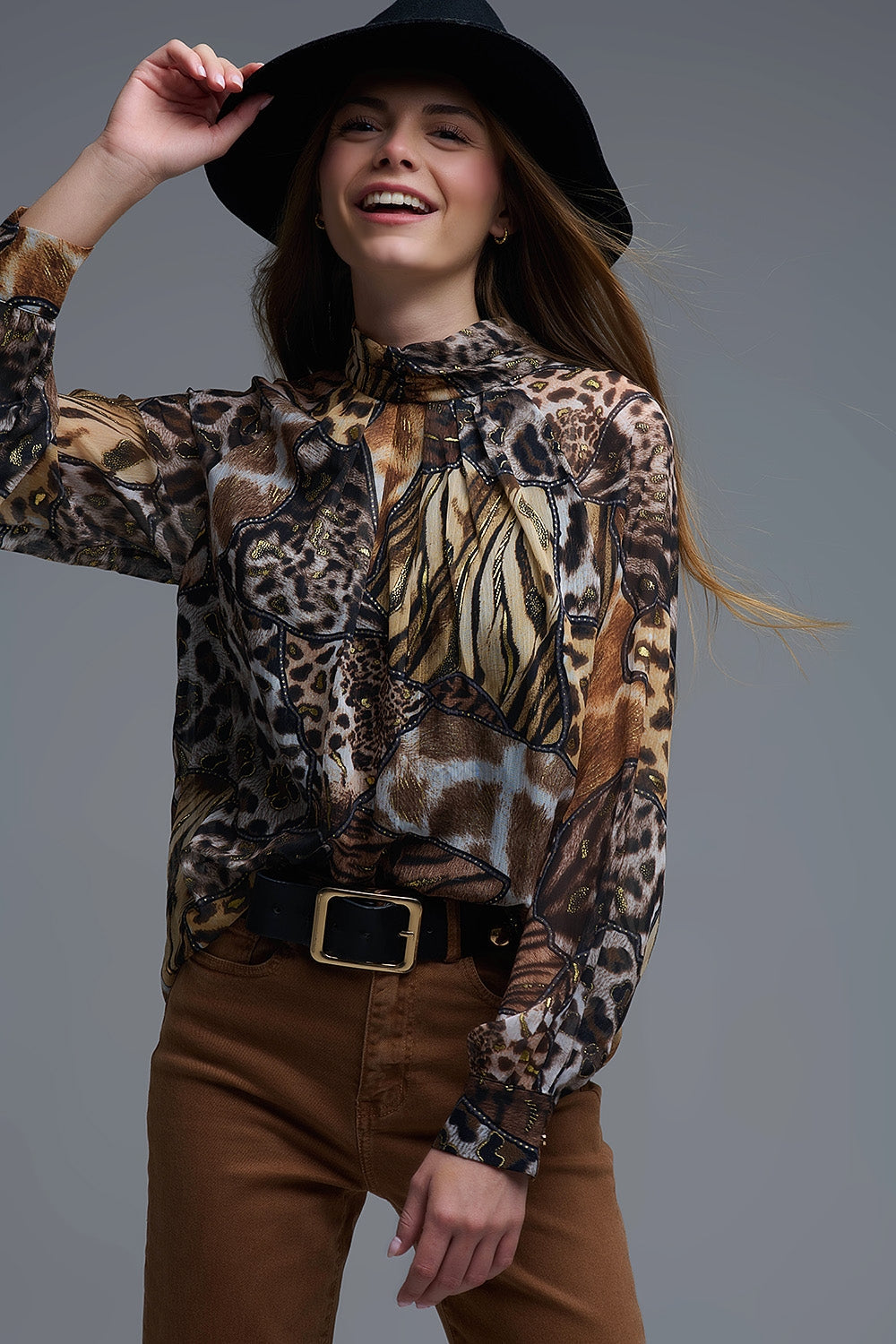 Animal Print Chiffon Shirt with Gold Details