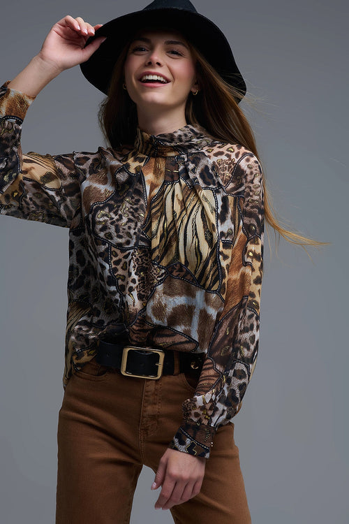 Animal Print Chiffon Shirt with Gold Details
