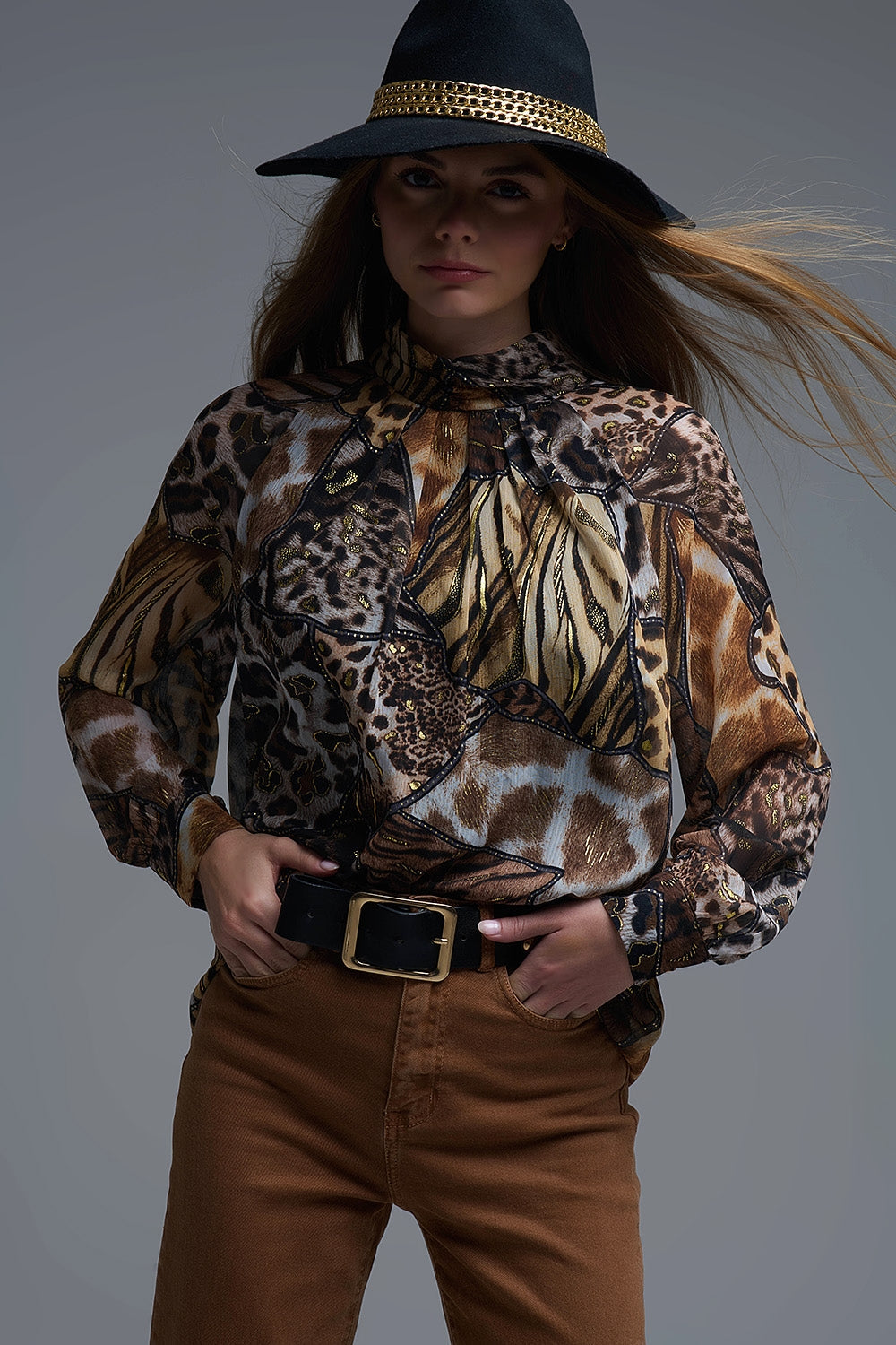 Animal Print Chiffon Shirt with Gold Details
