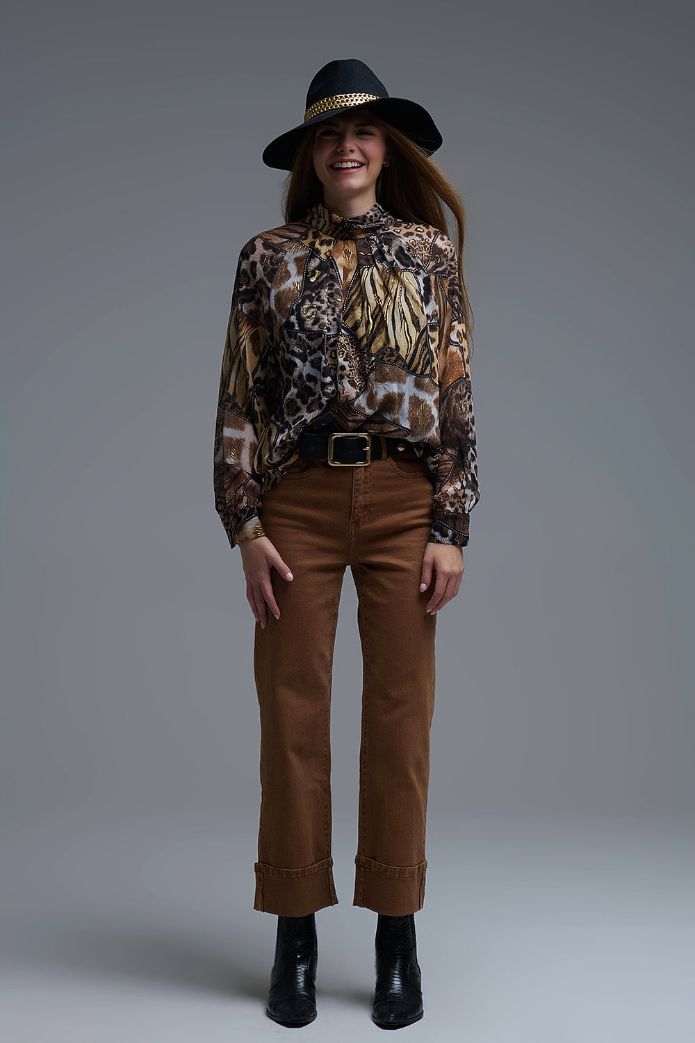 Animal Print Chiffon Shirt with Gold Details