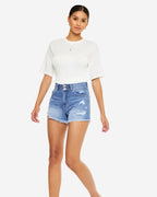 KanCan High Rise Double Button Blue Denim Jean Shorts