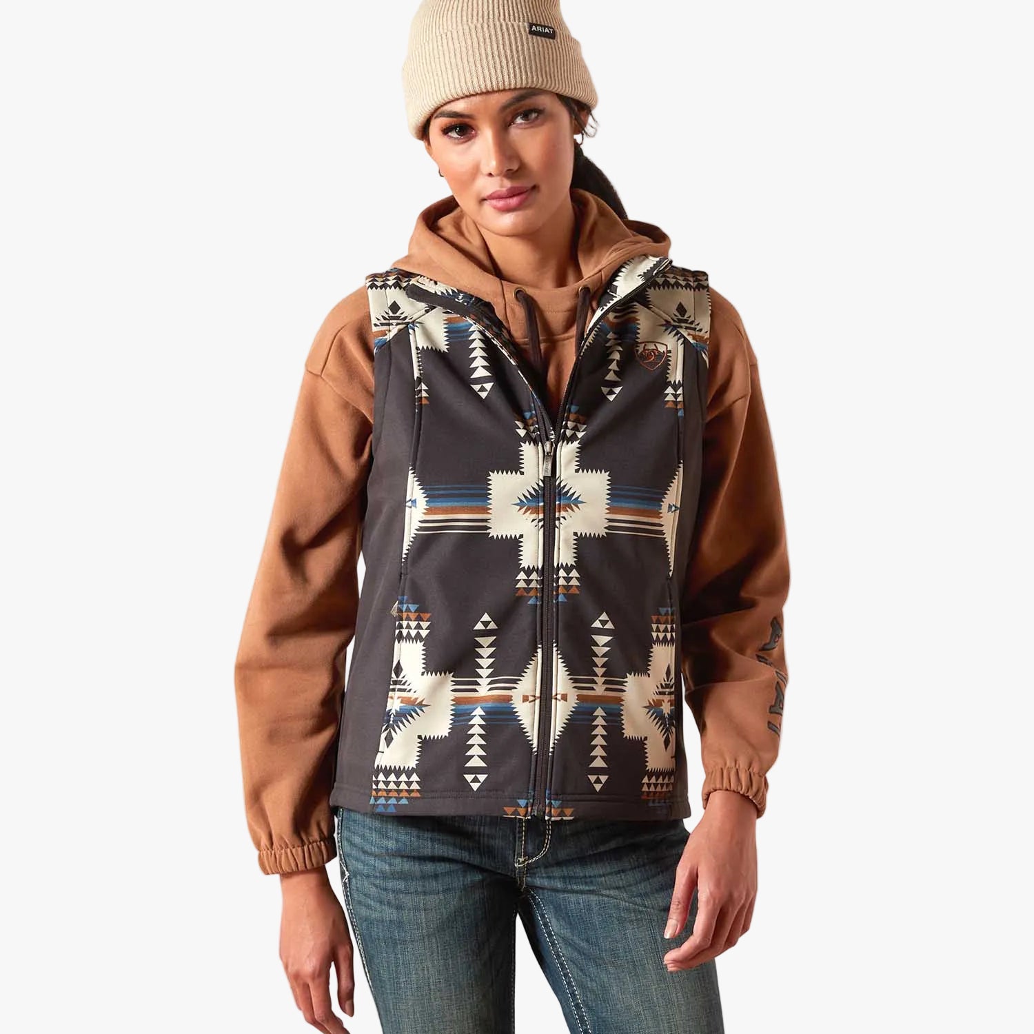 Ariat Womens Logo Softshell Western Print Vest | Durable Outdoor Layer with Zip Pockets