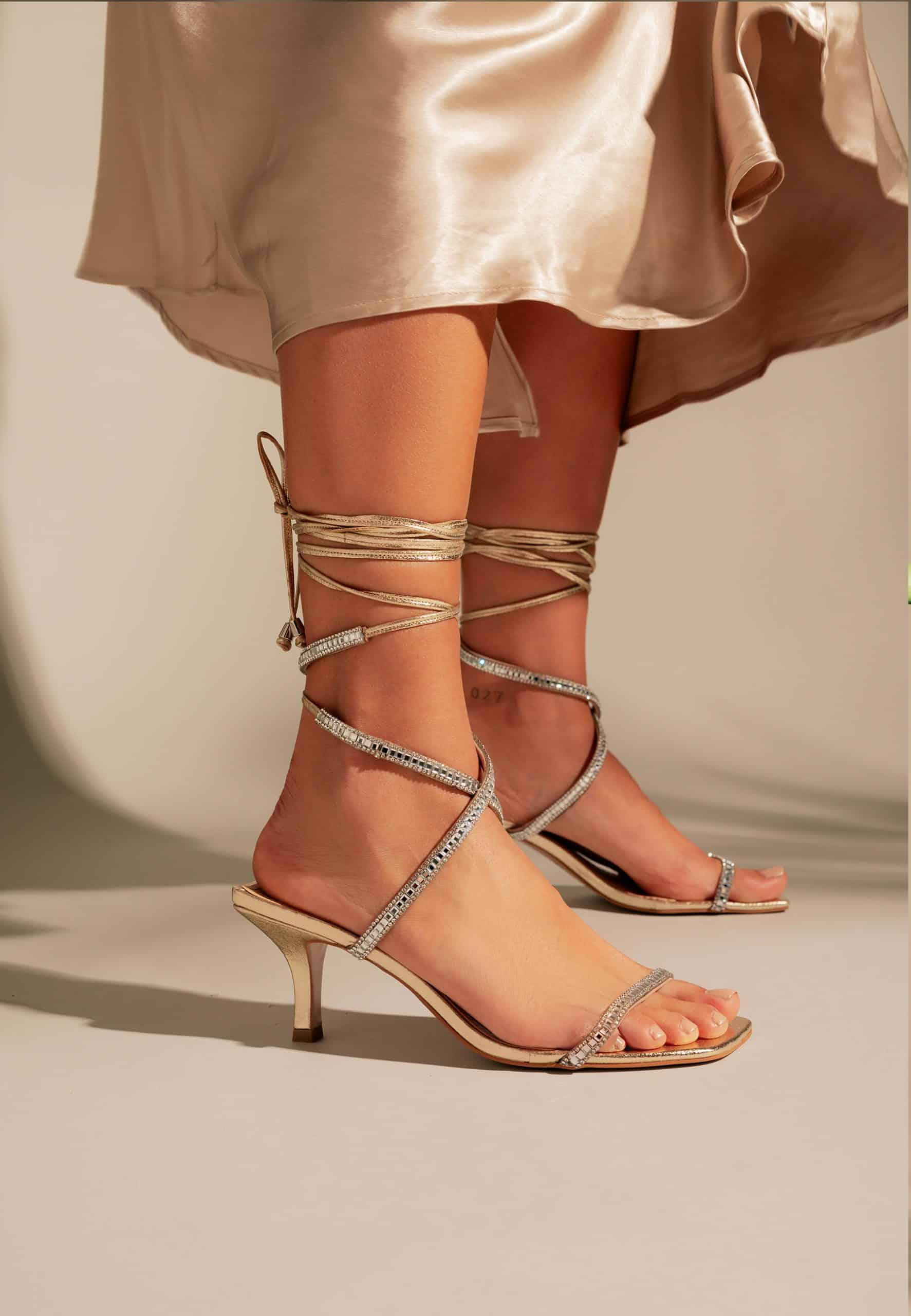Golden Leather Heel Sandals | Handcrafted Open-Toe Design