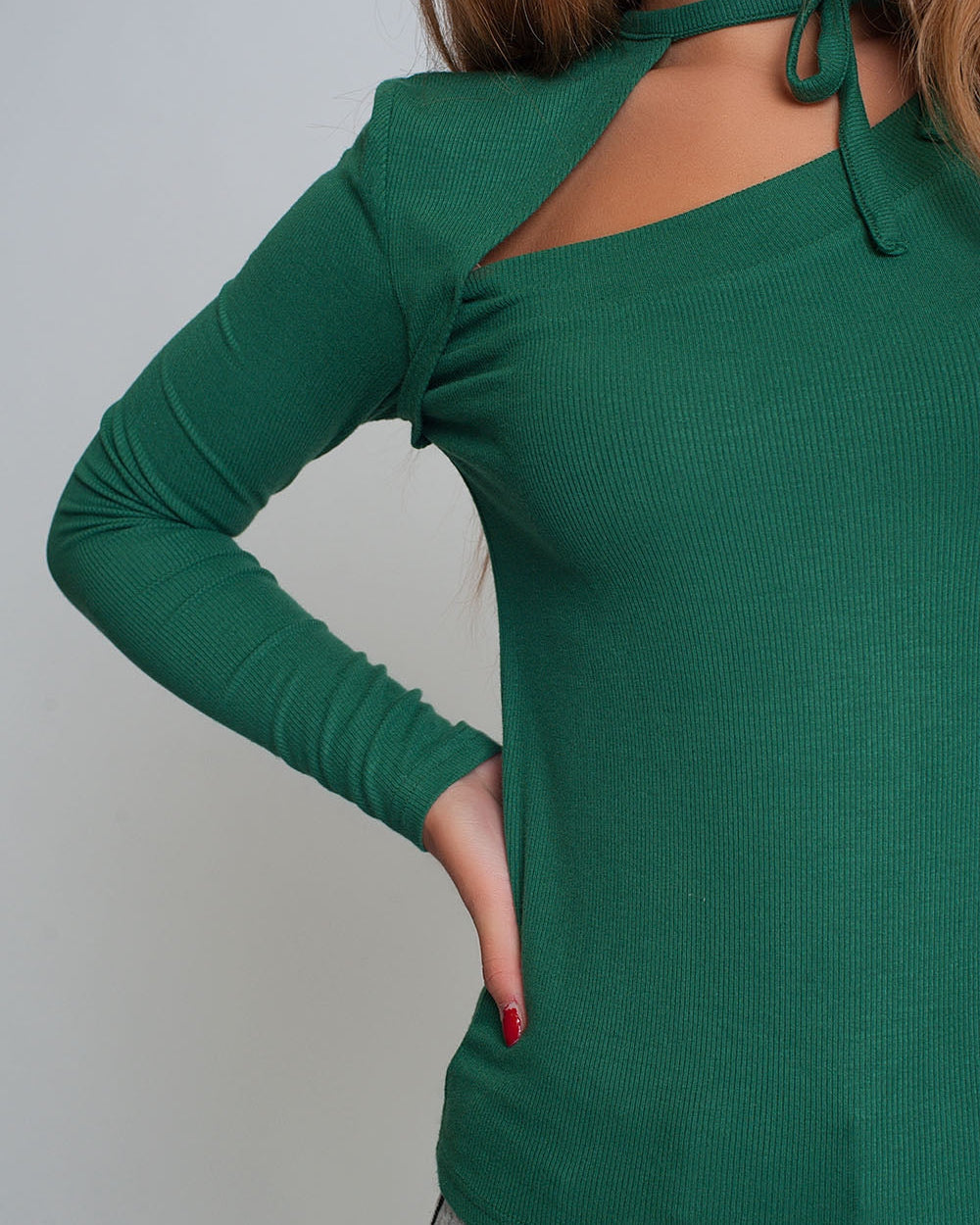 Asymmetric Neck Sweater in Green