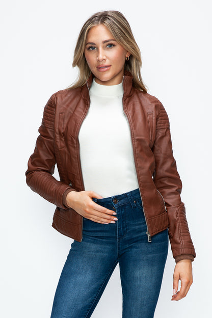 Faux Layered Double-Zipper Jacket with Fuzzy Hood Brown