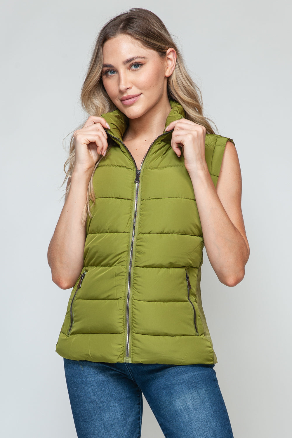 Zip-Up Turtleneck Vest with Pockets Olive