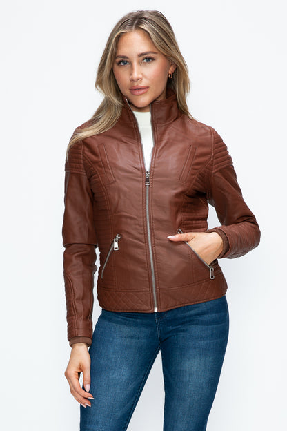 Faux Layered Double-Zipper Jacket with Fuzzy Hood Brown