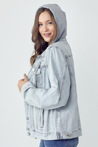 Light Denim Distressed Drawstring Hooded Jacket