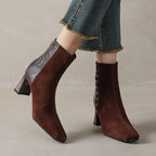 Women's Sheepskin Square Toe Chunky Heel Ankle Boots | Korean Patchwork Style