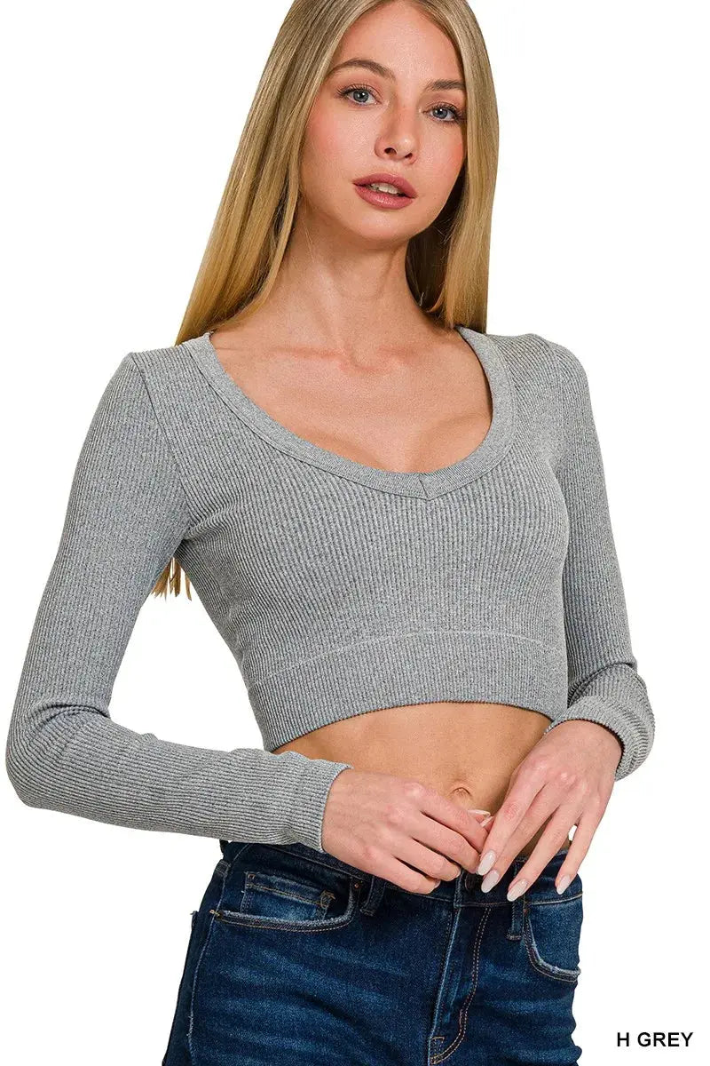 Ribbed Crop Top with V-Neck and Long Sleeve