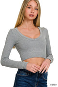 Ribbed Crop Top with V-Neck and Long Sleeve