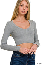 Ribbed Crop Top with V-Neck and Long Sleeve