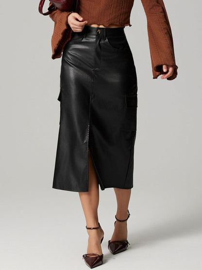 Faux Leather Slit Midi Skirt with Pockets