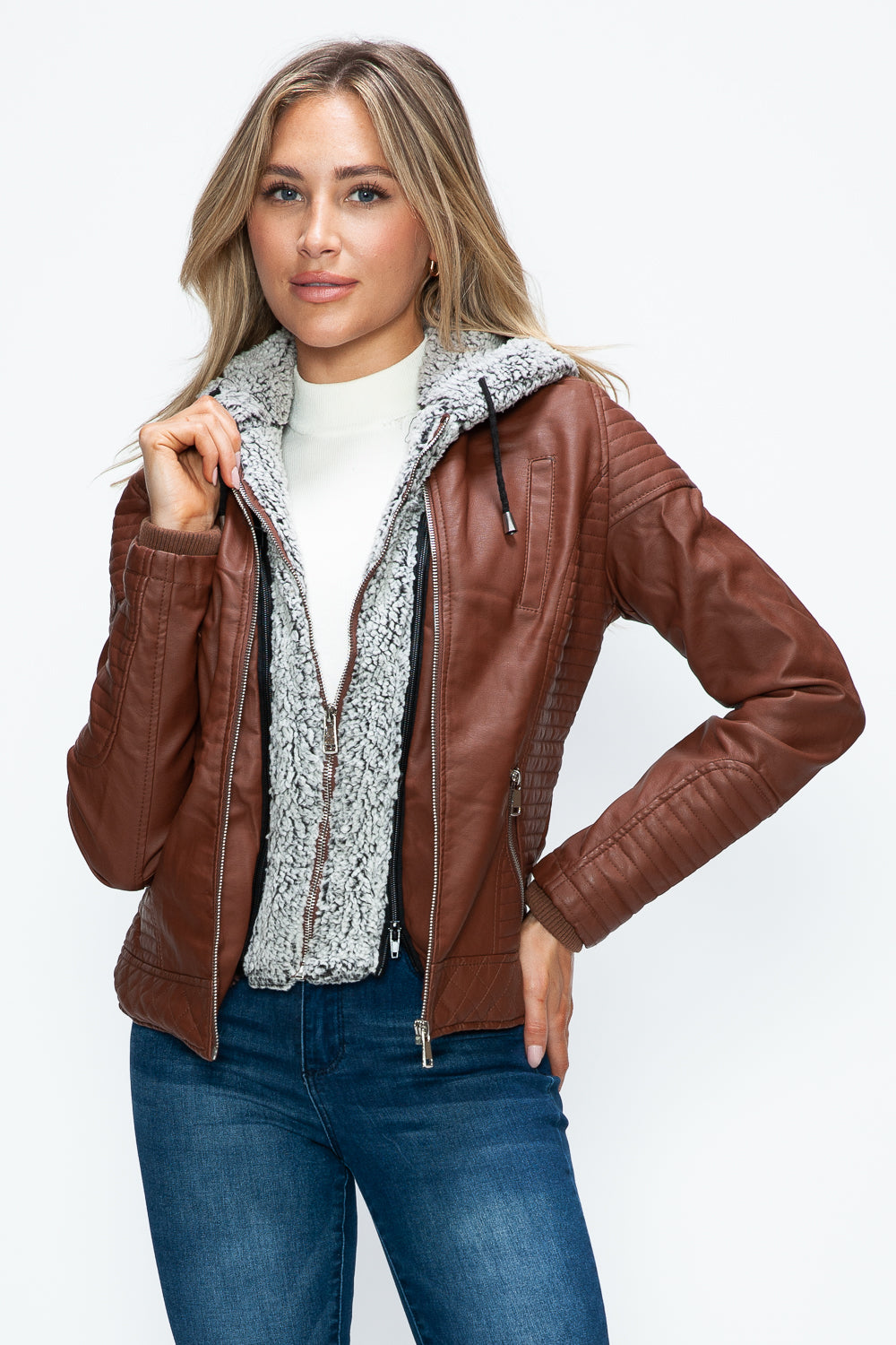 Faux Layered Double-Zipper Jacket with Fuzzy Hood Brown