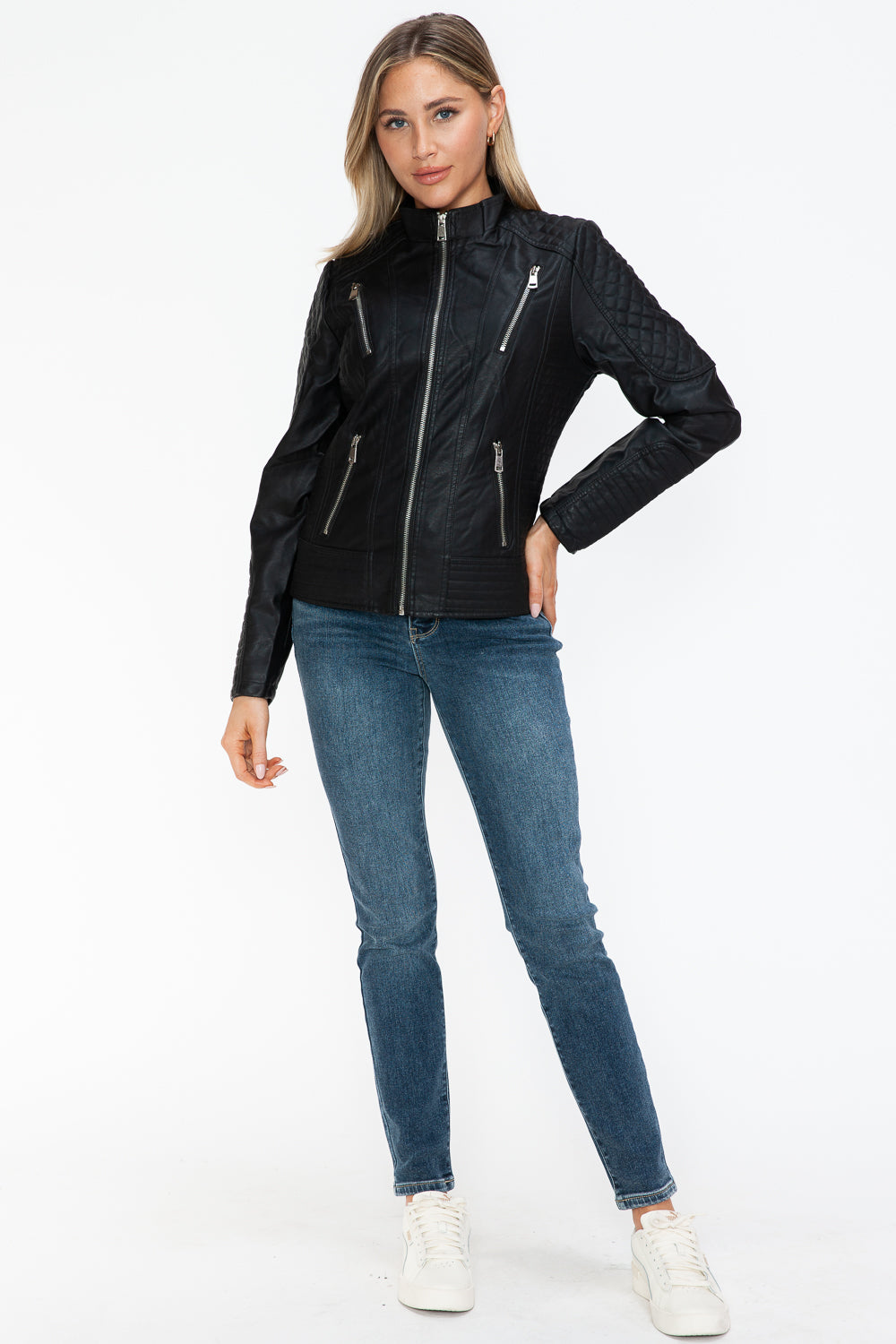 Black Faux Leather Zip-Up Mock Neck Jacket