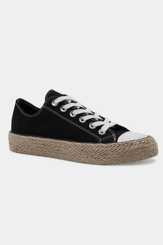 Black Lace-Up Woven Espadrille Sole Sneakers