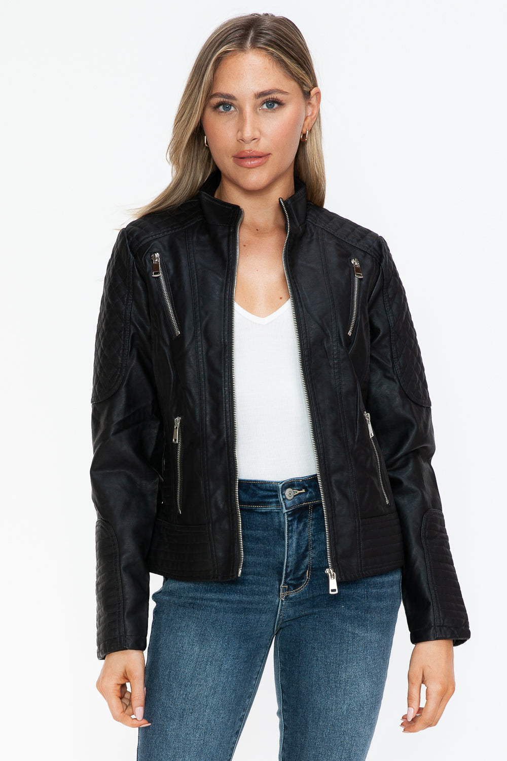 Black Faux Leather Zip-Up Mock Neck Jacket