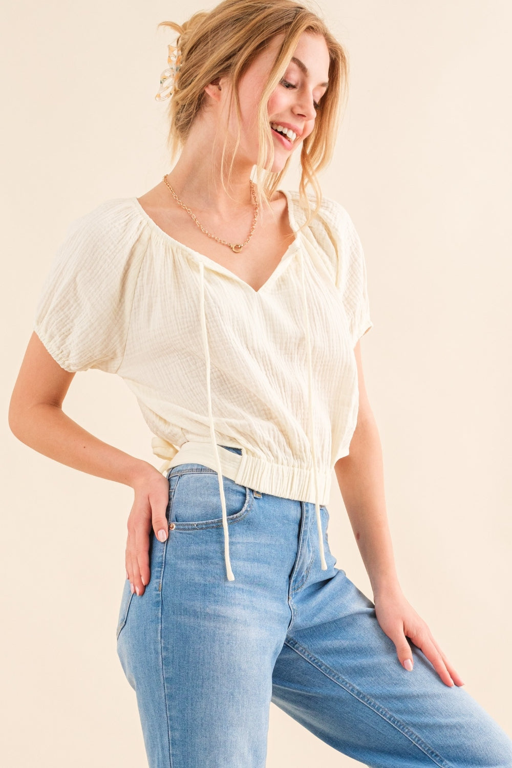 Back Waist Tie Cropped Blouse