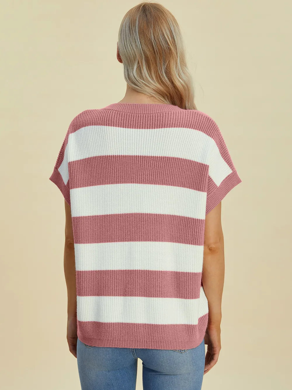 Double Take Striped V-Neck Short Sleeve Sweater