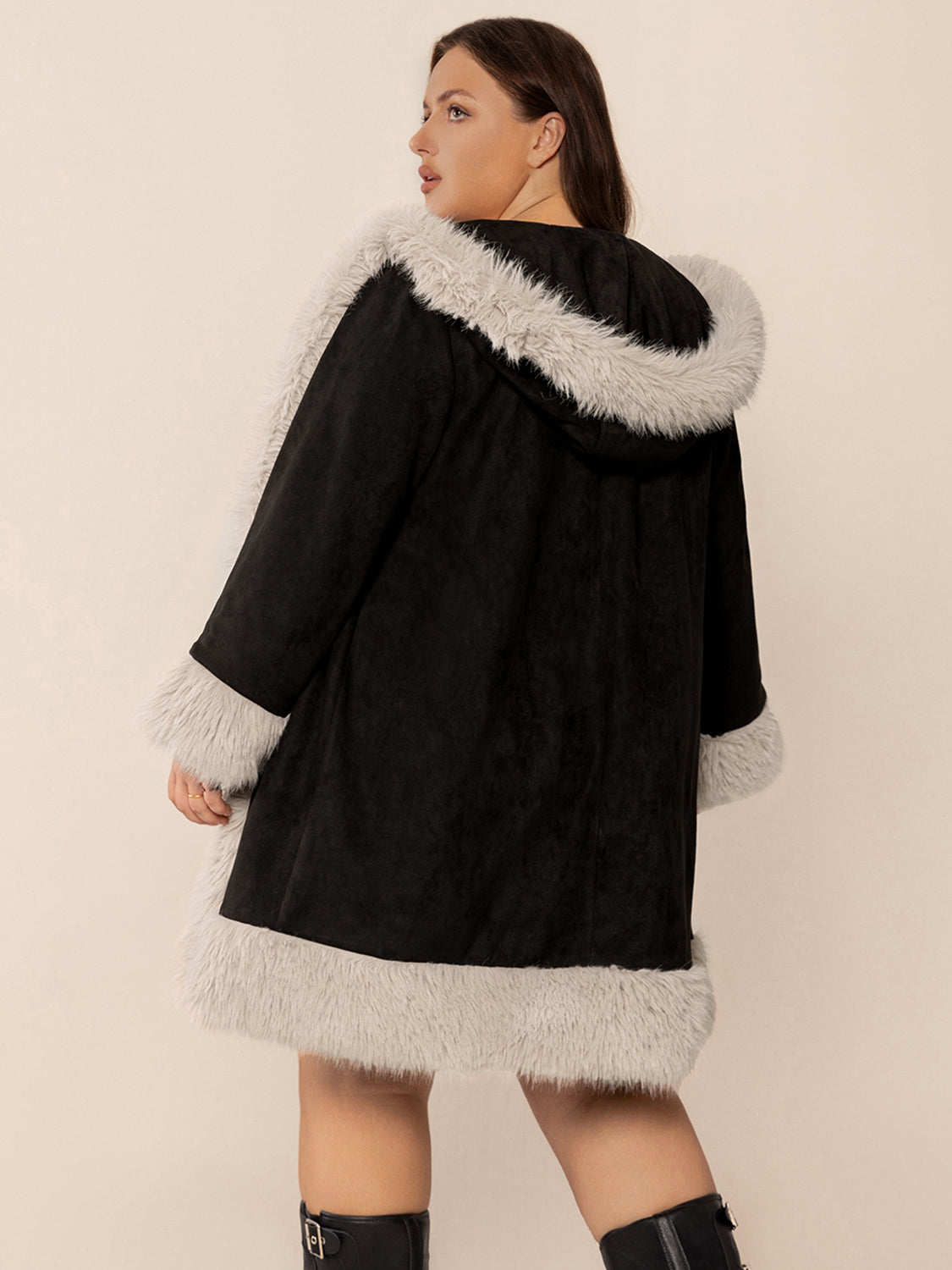 Fuzzy Trim Open Front Long Sleeve Hooded Coat