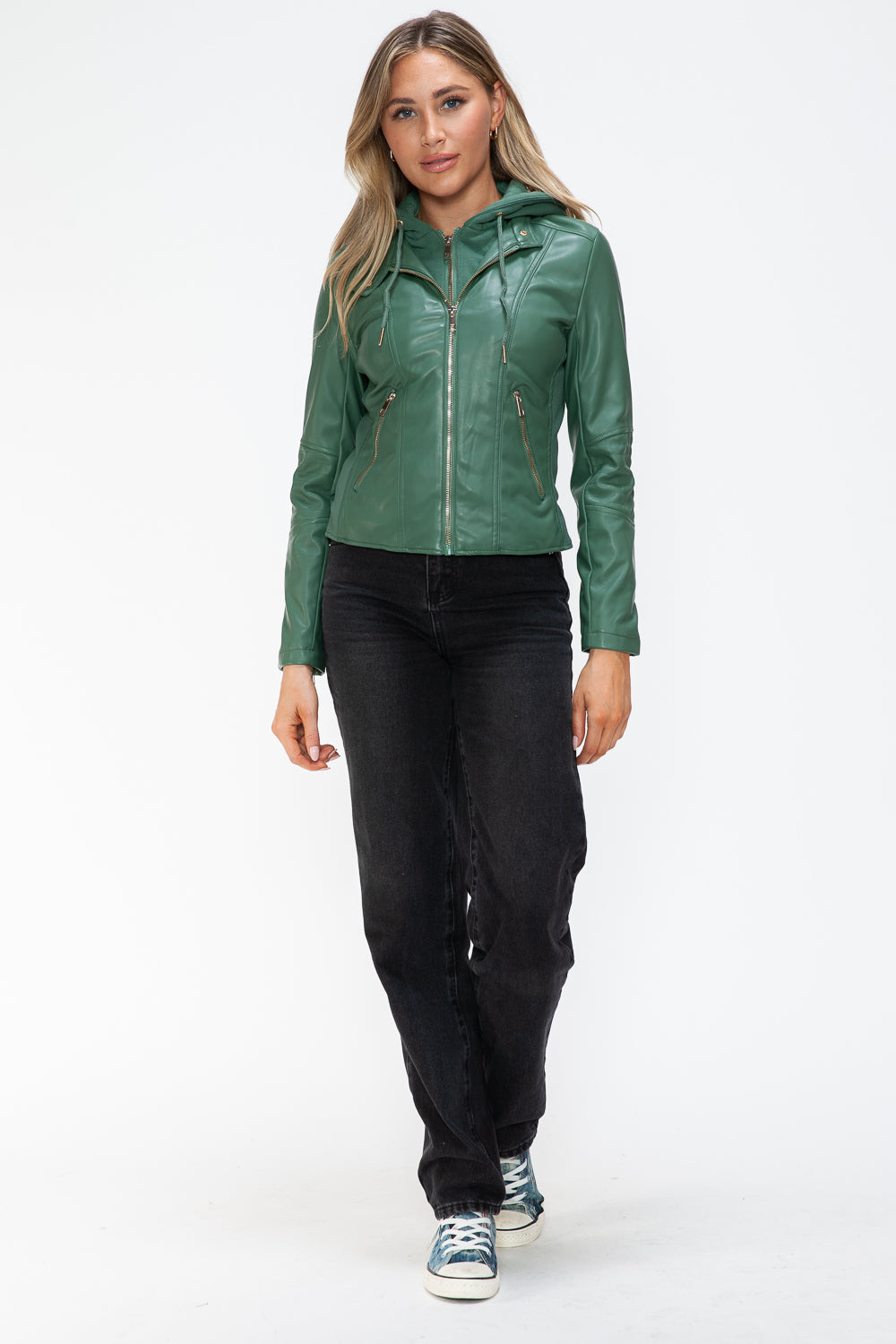 Sage Leather Zip-Up Drawstring Hooded Jacket