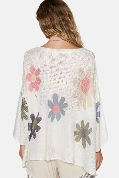 Flower Long Sleeve Knit Top White