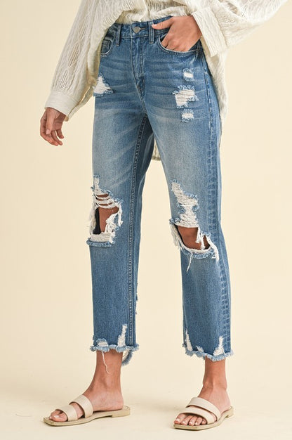 Distressed Raw Hem Cropped Jeans