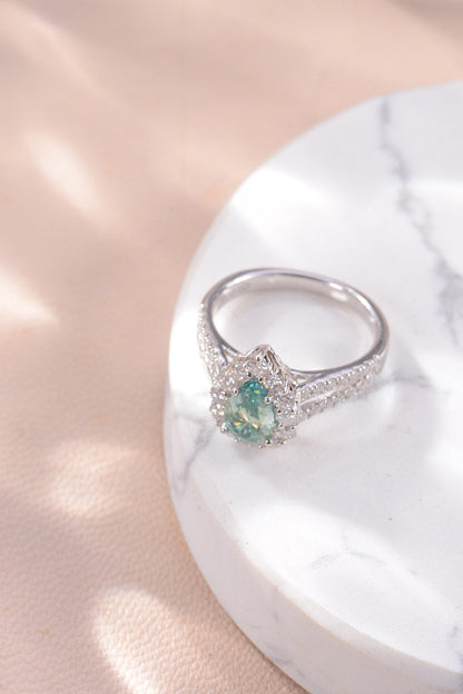 Green Teardrop Moissanite Silver Ring