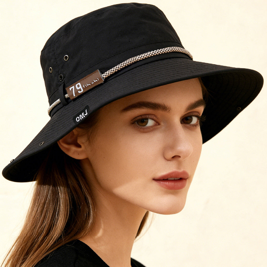 Wide-Brim Leather Patch Fisherman Hat | UV Sun Protection Outdoor Hat