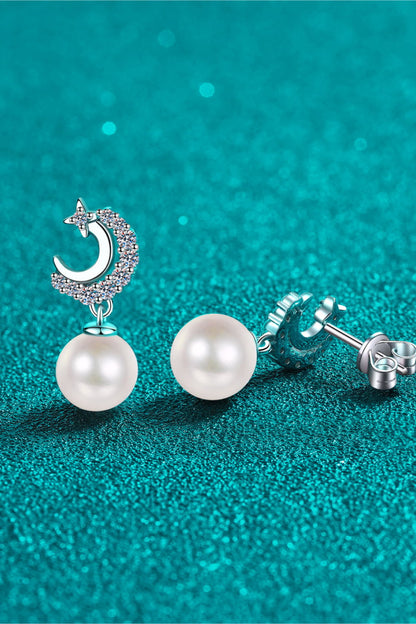 Pearl Drop Silver Moon Earrings