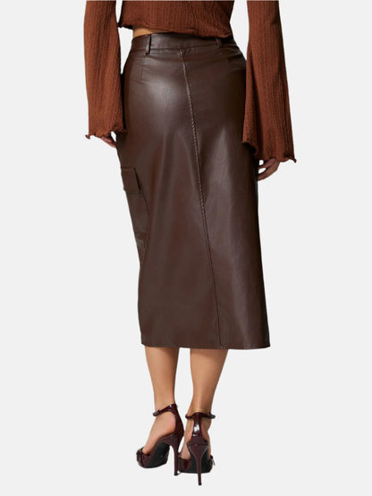 Faux Leather Slit Midi Skirt with Pockets