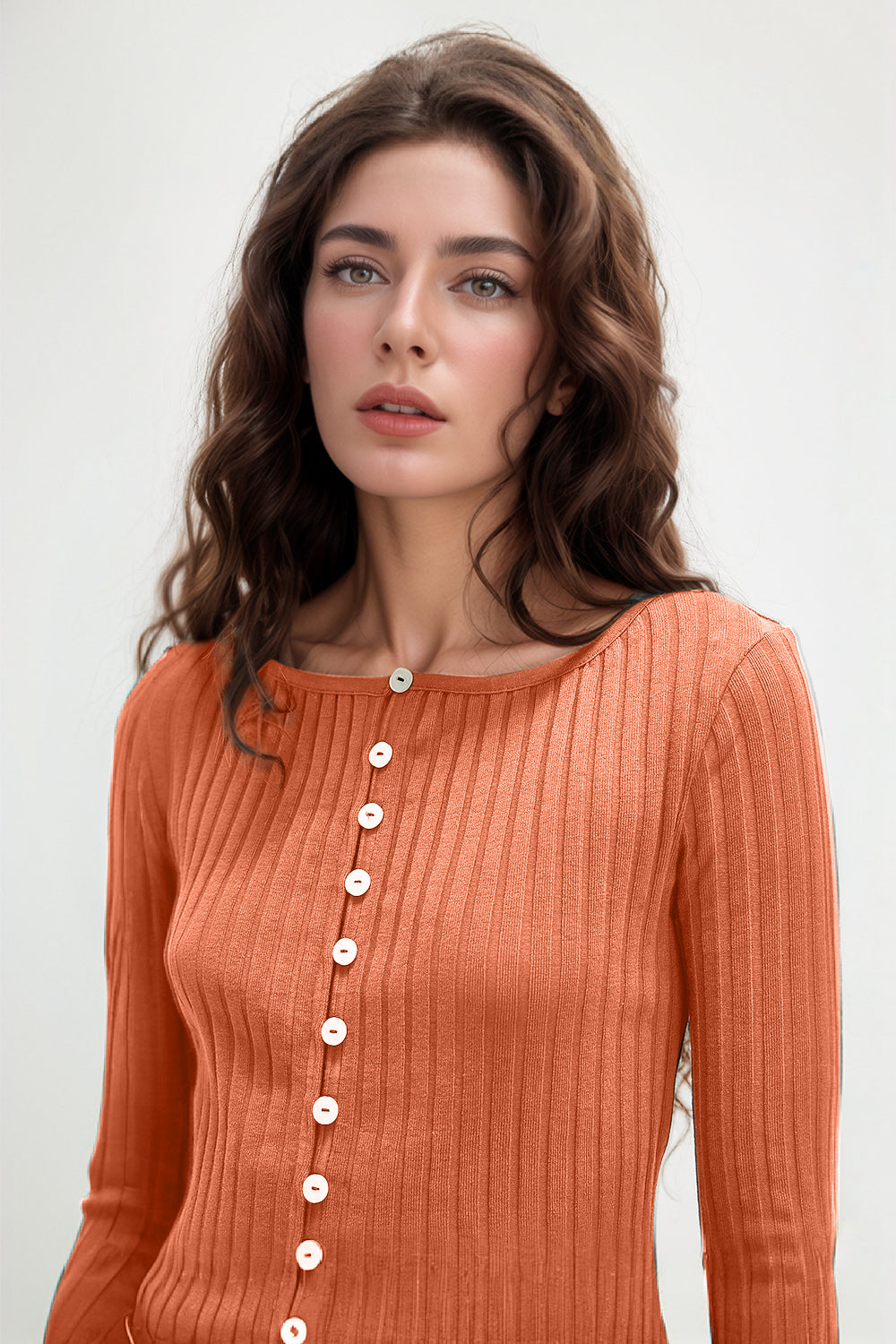 Basic Bae Texture Button-Up Round Neck Long Sleeve Top
