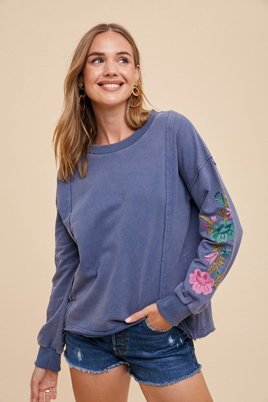 Blue Embroidered Long Sleeve French Terry Top