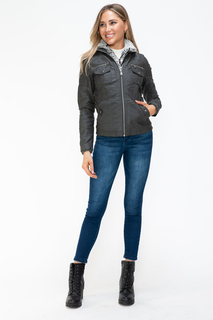 Removable Faux Layered Multi-Pocket Jacket with Fuzzy Hood Charcoal