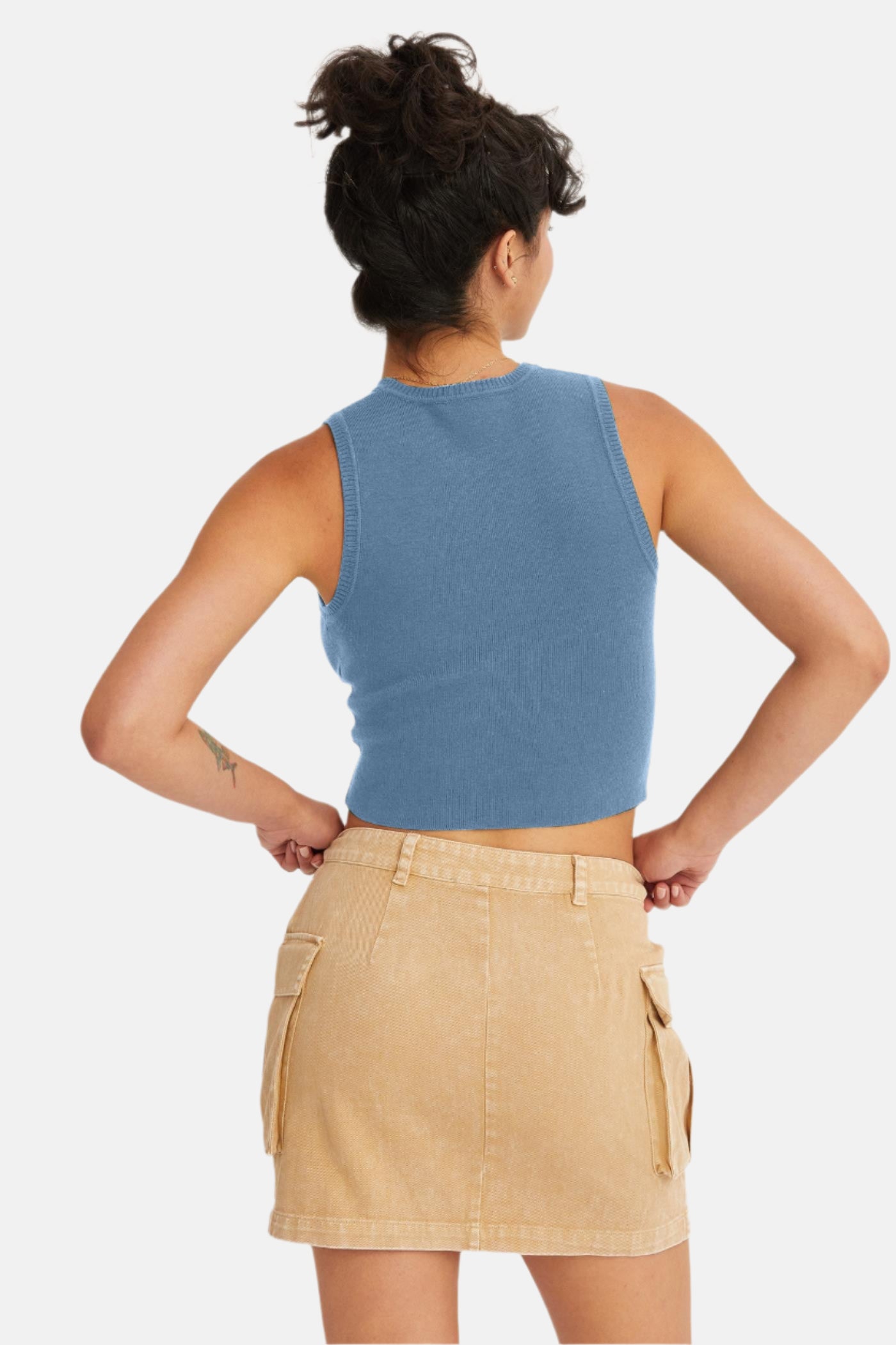 Blue Ribbed Knit Cropped Tank