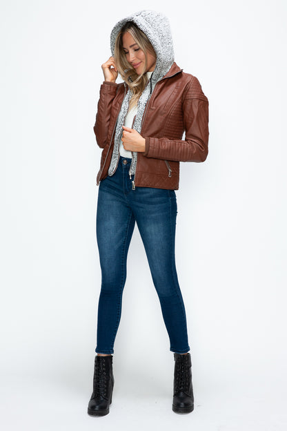 Faux Layered Double-Zipper Jacket with Fuzzy Hood Brown