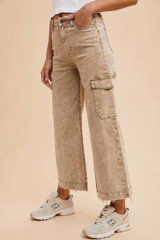 Raw Hem Wide Leg Jeans with Cargo Pockets Brown