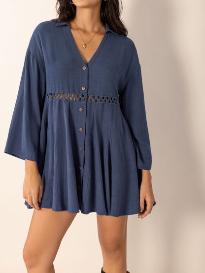 Cutout Johnny Collar Long Sleeve Mini Dress