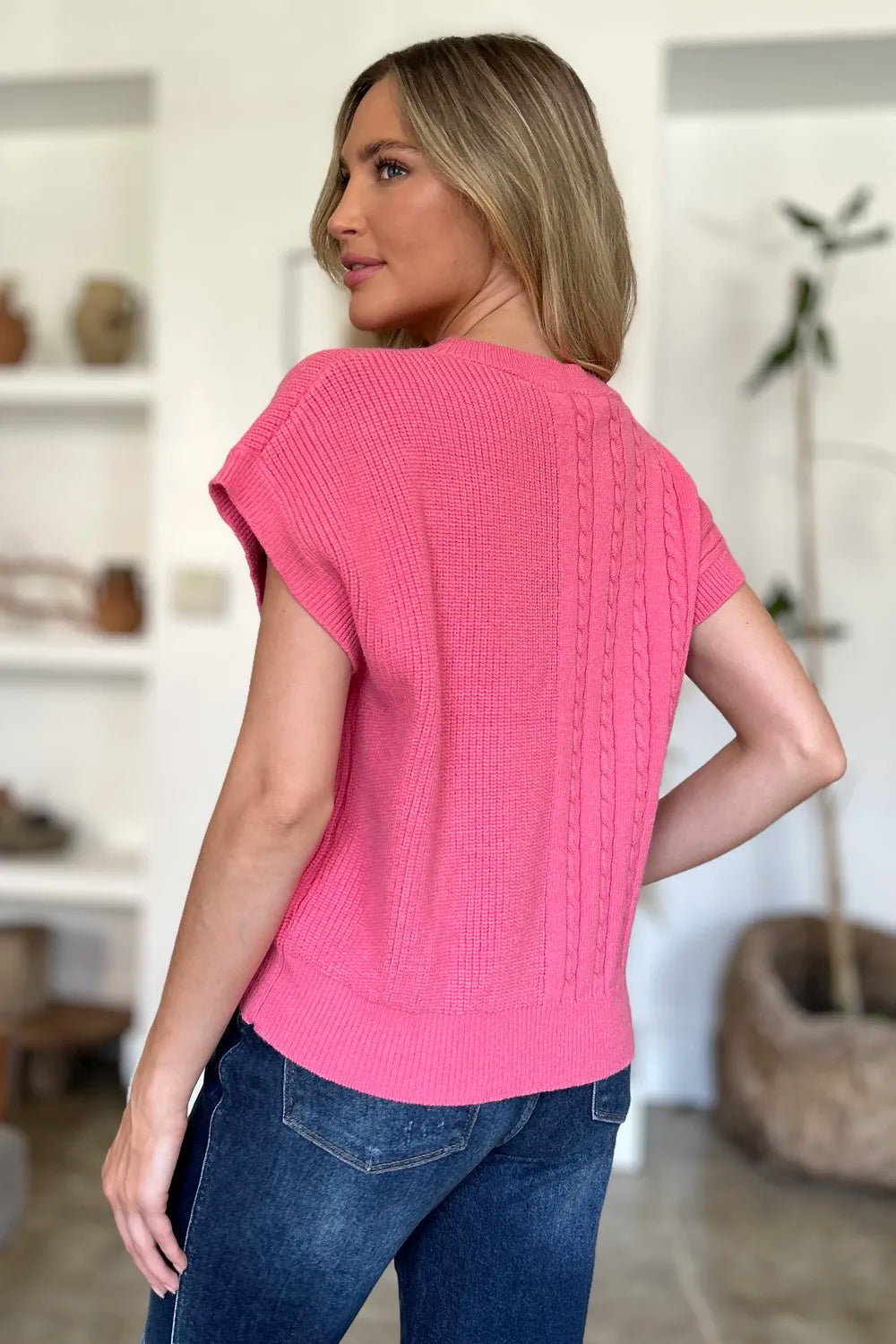 Double Take Cable-Knit Round Neck Short Sleeve Sweater