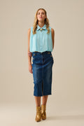 Baby Blue Chiffon Blouse with Pleats at the Hem