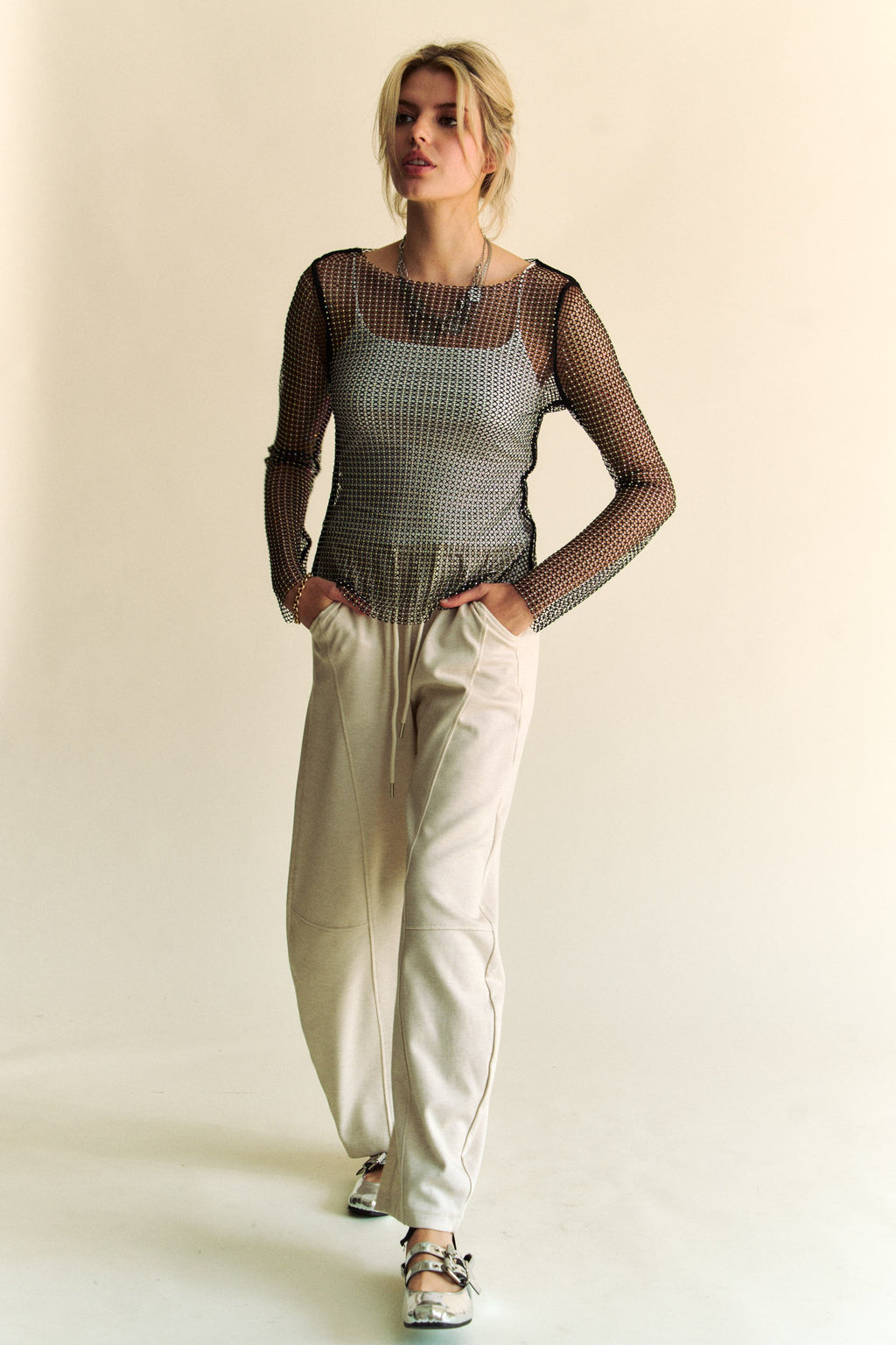 Black Sparkling Rhinestone Sheer Mesh Round Neck Top