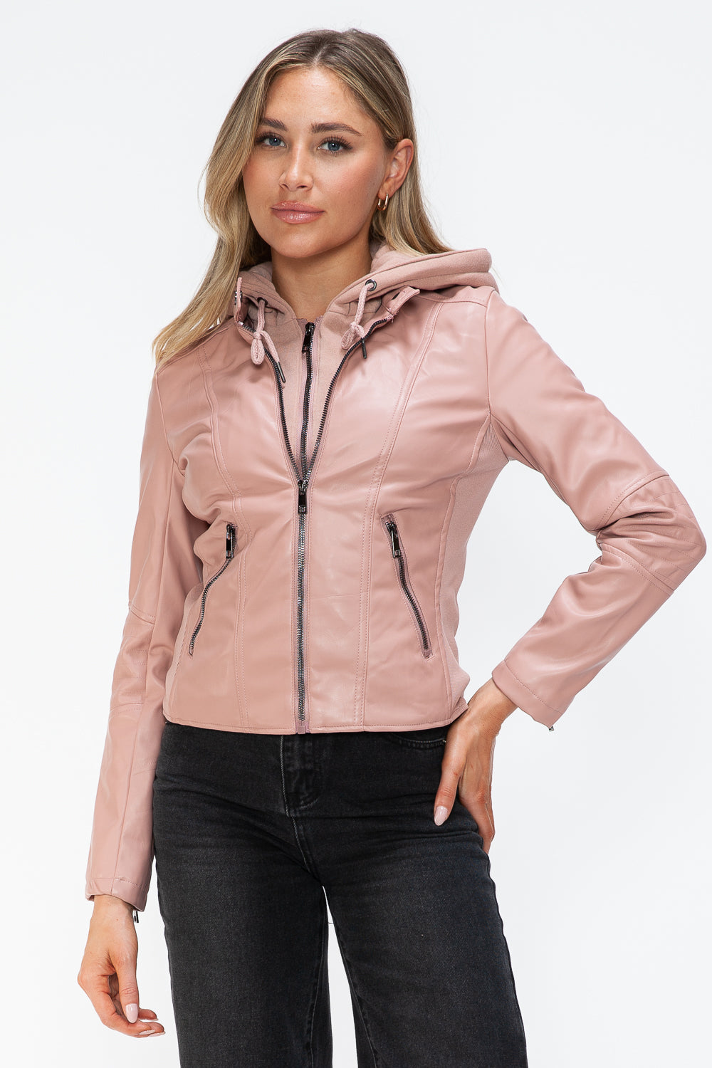 Mauve Leather Zip-Up Drawstring Hooded Jacket
