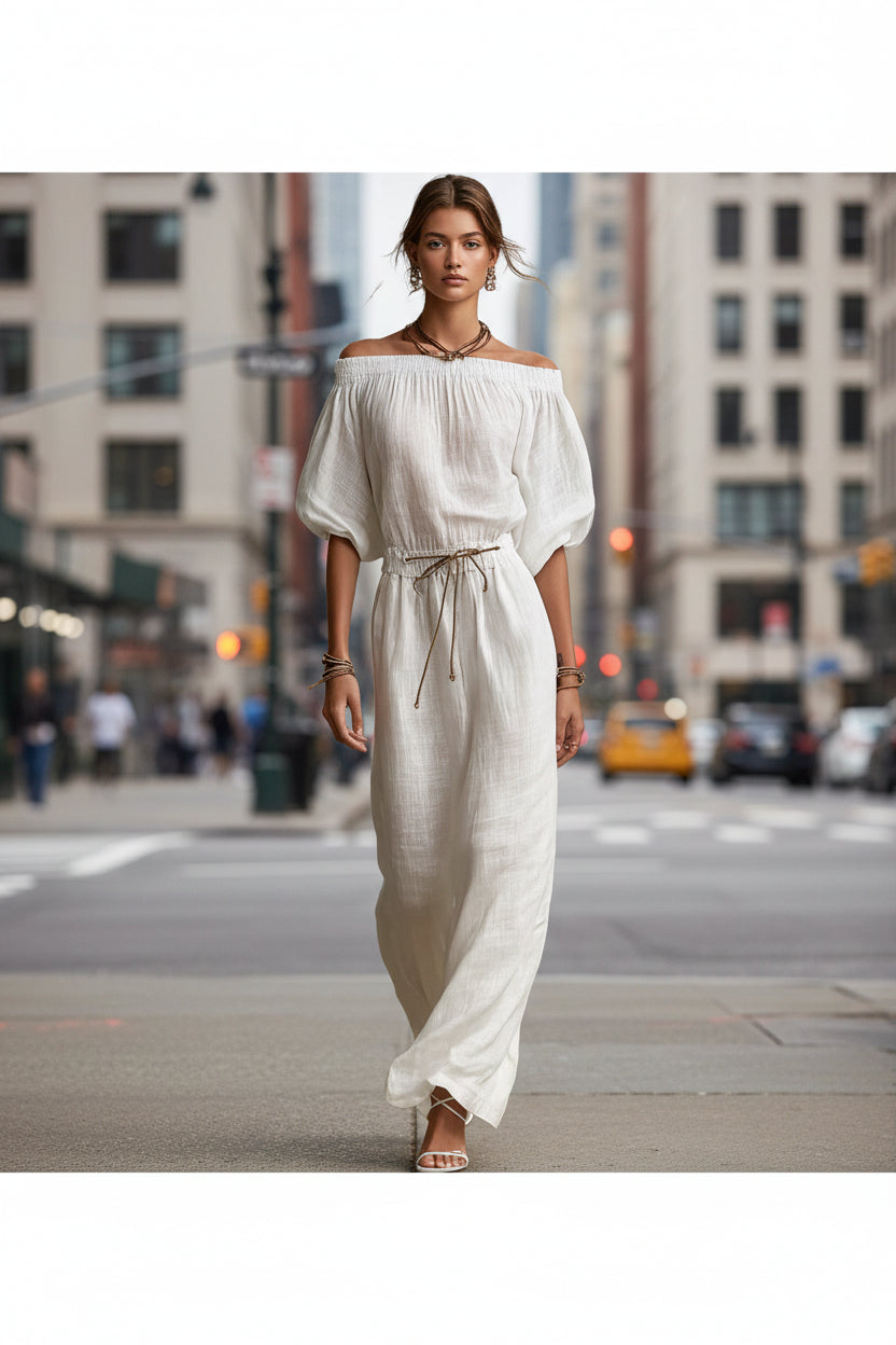 Women's Linen Pants Suit | Solid Color Lantern Sleeve Set